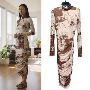 Sheer Ruched Midi Dress Mesh Mock Neck Bodycon